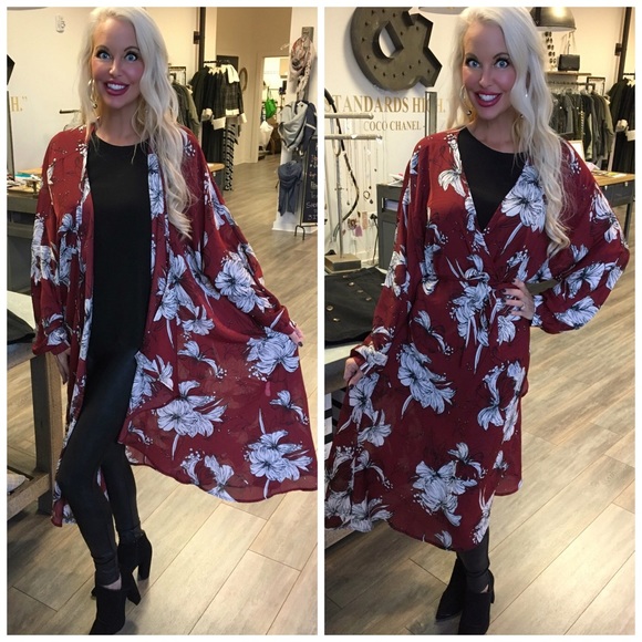 ❤️LAST 1! Long Line Kimono in Wine -Floral Print - Picture 2 of 5